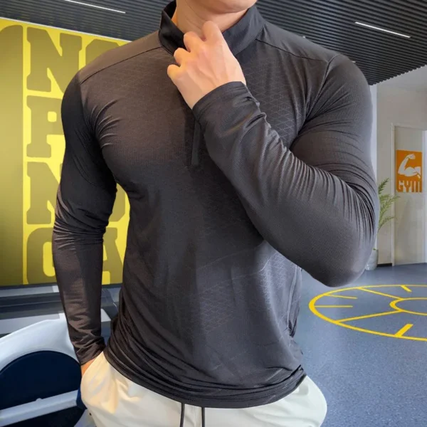 Mens Fitness Trainer Training Tshirts Tops Gym Workout Compression Sweatshirt for Running Football Jersey High Collar Sportswear - Image 2